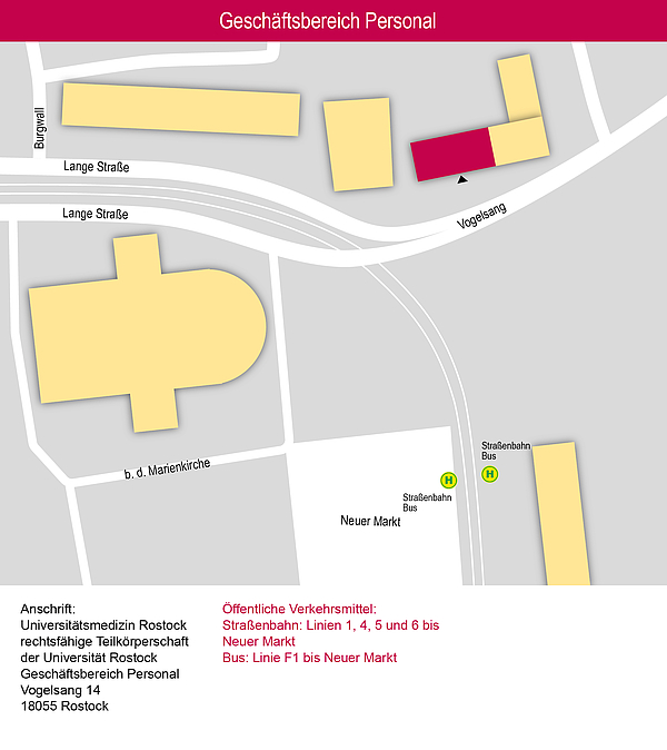 Der Standort der Personalabteilung wird auf einem Lageplan dargestellt. Es sind Straßennamen und Haltestellen für den öffentlichen Nahverkehr zusehen.